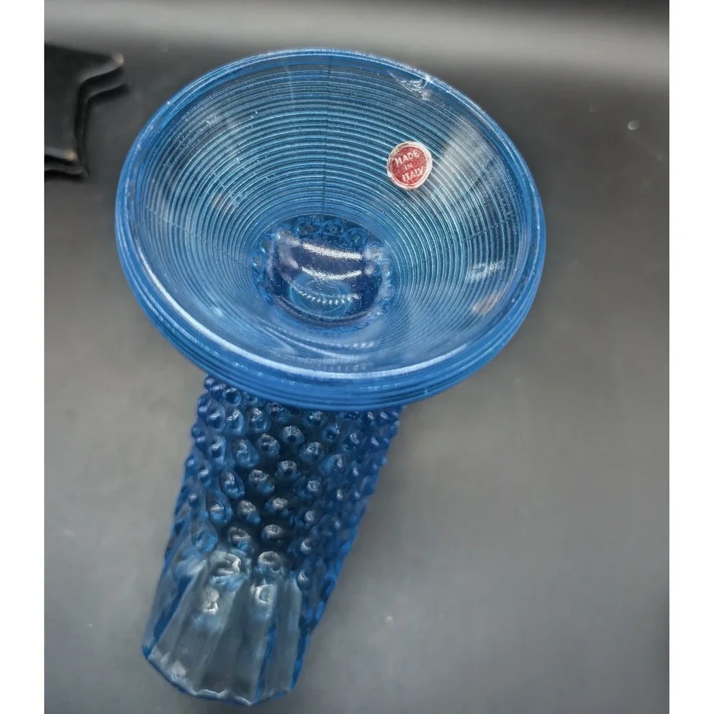 Vintage Empoli Italian Blue Hobnail Glass Fan Vase Ruffled Rim Pedestal 7
